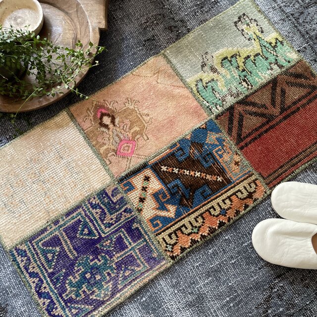 トルコヴィンテージラグ パッチワークラグ 46×87 グリーンブラウン