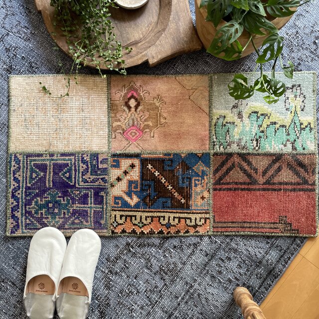 トルコヴィンテージラグ パッチワークラグ 46×87 グリーンブラウン