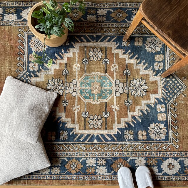 トルコヴィンテージラグ ブラウン×ネイビー メダリオン 196×126 秋色