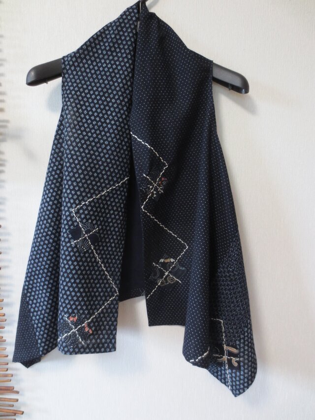 古布リメイク 久留米絣のジレ（ベスト） 型染 古布リメイク 刺し子