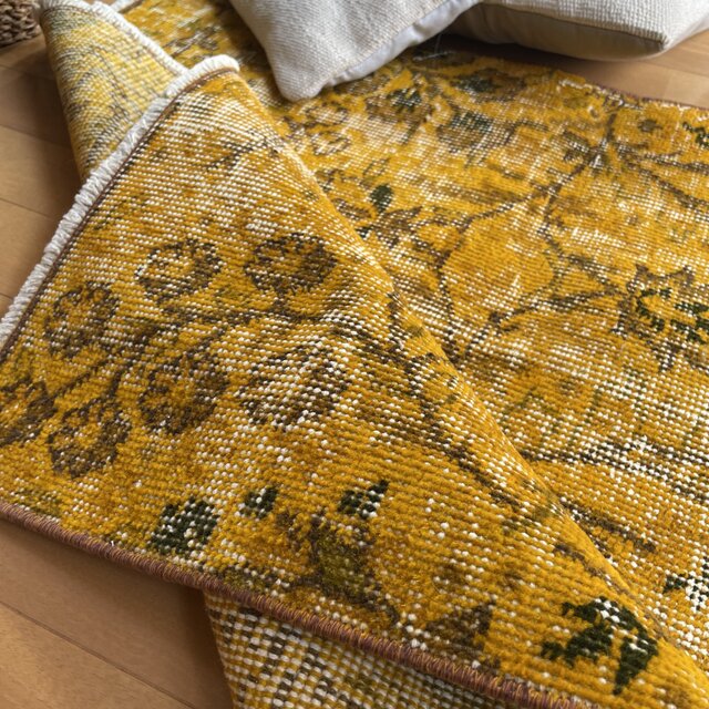 トルコヴィンテージラグ 84×104 ひまわりイエロー オーバーダイ トルコ