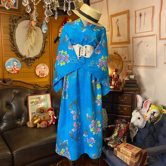 浴衣 ハンドメイド リメイク ワンピース ドレス 編み上げコルセット