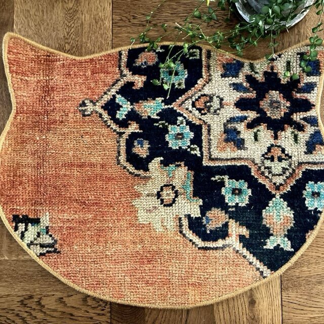猫ラグ 40×50 夕焼けオレンジ ネイビー トルコヴィンテージラグ