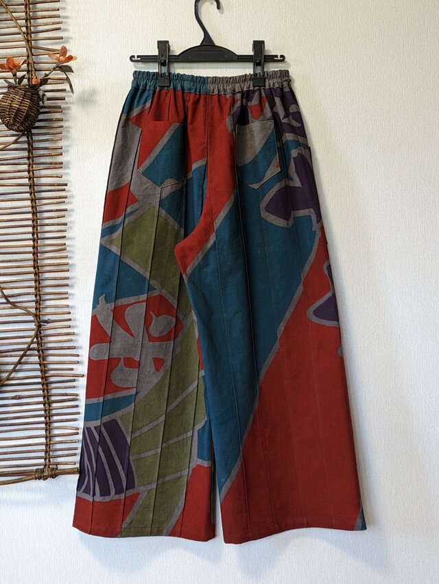 古布リメイク 大漁旗のピンタックワイドパンツ 柿渋染 大漁旗 時々堂