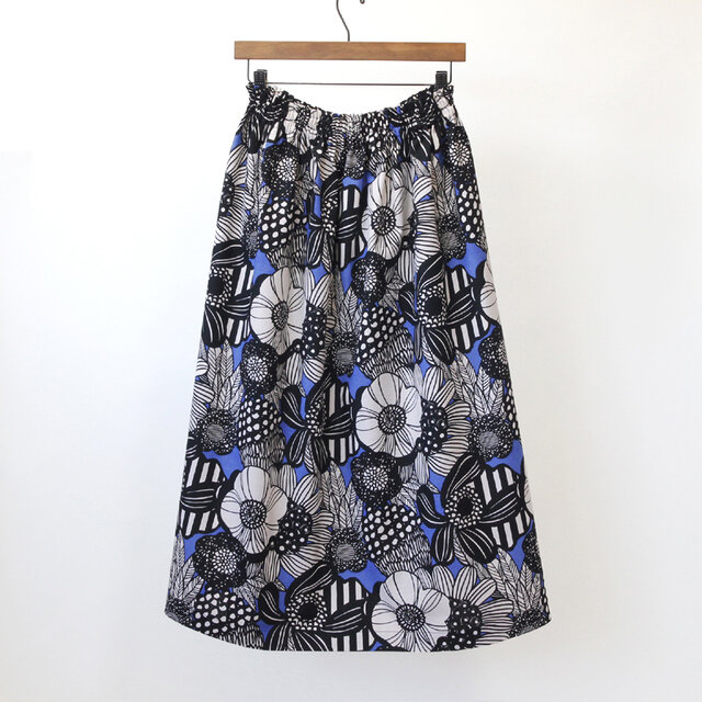 ノルディック調フラワー 綿麻ギャザースカート（ブルー フラワー