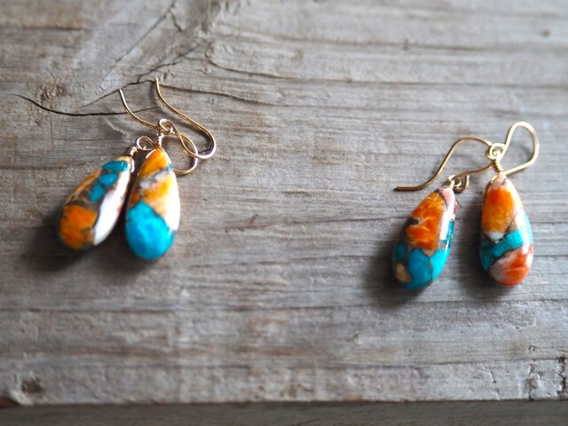 オイスターコッパーターコイズピアス 14kgf ペアシェイプ