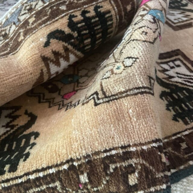 50×97淡いキャメル グリーン メダリオン トルコヴィンテージラグ