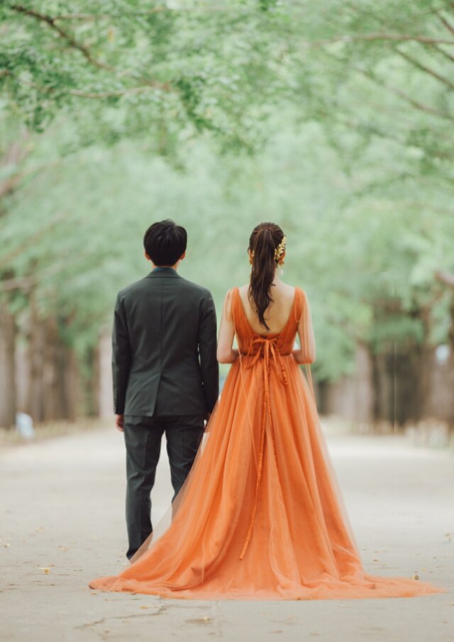 実例写真！カラードレス テラコッタ色 Vネック キャミソール チュール