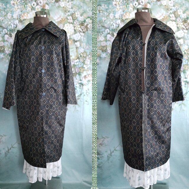 大島紬 ロングコート シュシュ&コサージュ付 村山大島紬 着物リメイク