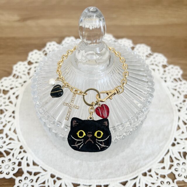 ハロウィン仕様2色のハートとクロスの猫さん刺繍2wayバッグチャーム