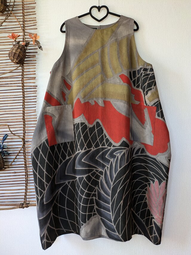 古布リメイク 大漁旗のコクーンジャンバースカート 大漁旗 柿渋染 古布