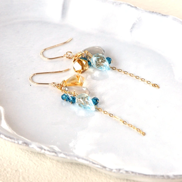 14kgf/ シトリンxブルートパーズxセイロンムーンストーンピアス