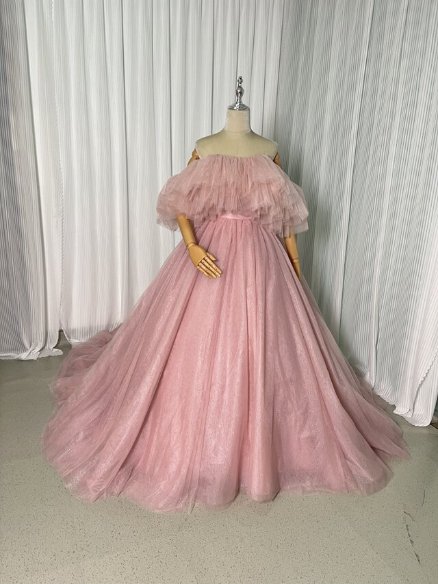 カラードレス ピンク オフショルダー キラキラグリッターチュール