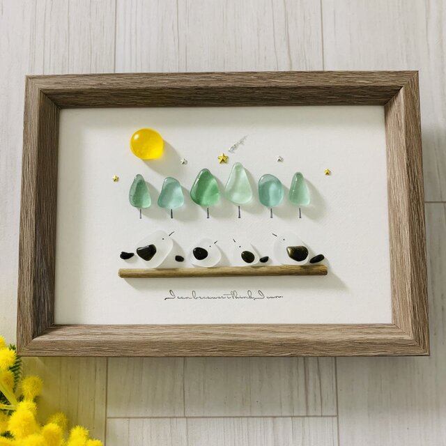 シーグラスアート 海の宝石 シマエナガ 癒しの森 星 インテリア雑貨