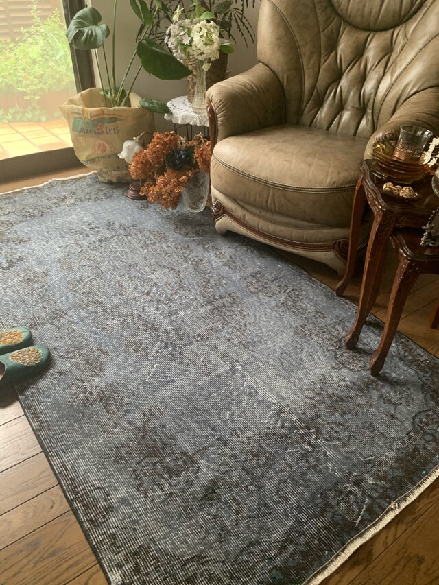 トルコヴィンテージラグ 207×104 グレー ブラック チョコ オーバーダイ