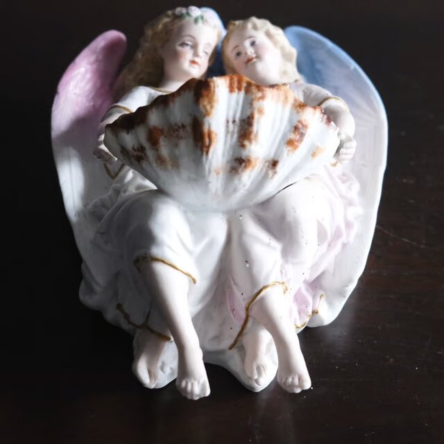 ベニティエ 聖水盤 二人 天使 ビスク ポリクローム 彩色 h24cm
