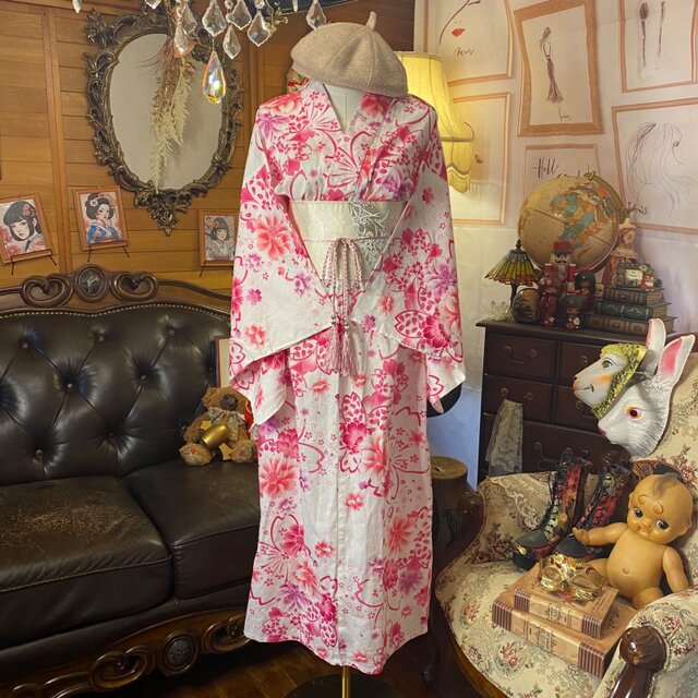 浴衣リメイク ロング ワンピース ドレス 名古屋帯ベルト付 和洋折衷