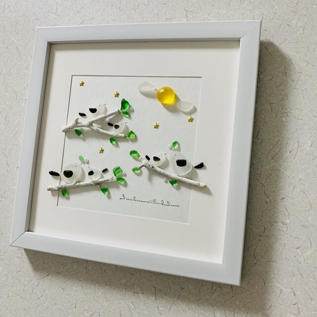 シーグラスアート 海の宝石 シマエナガの家族 風景画 インテリア雑貨