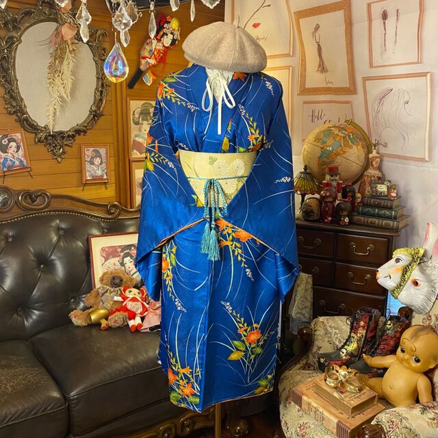 着物リメイク ワンピース／ドレス／洗える化繊 帯サッシュベルト 深い