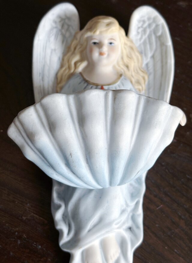 ビスク製 天使 ベニティエ 聖水盤 水色 フランス アンティーク 0502291