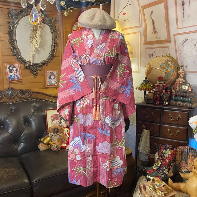 浴衣リメイク ワンピース ドレス 帯サッシュベルト 和洋折衷 レトロ