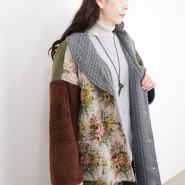 予約販売] カーキウールとゴブラン織りのミックスショールカラーコート