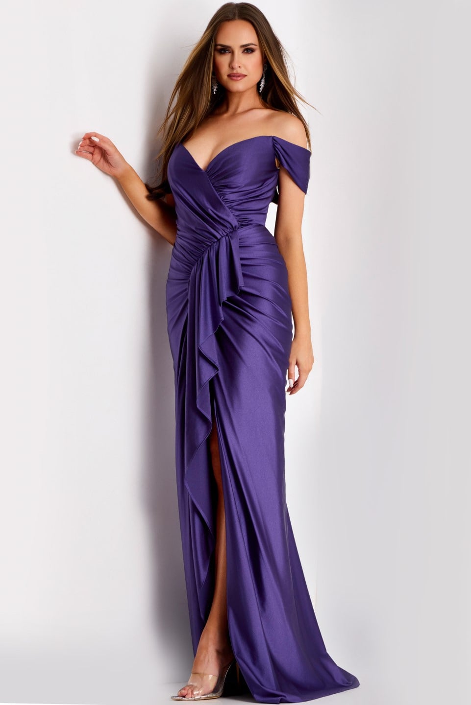 Off-the-Shoulder Gown with Ruched Bodice and High Slit 44039 | Jovani