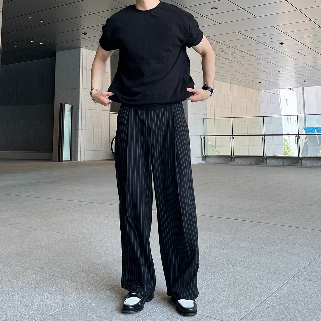 タック入りストライプスラックス | ファッション通販サイト NUGU