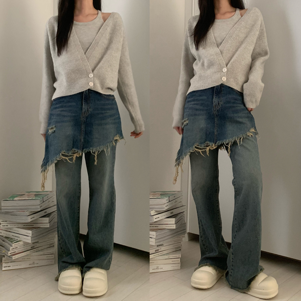 斜めストライプアシンメトリーカット入りデニムスカートパンツ