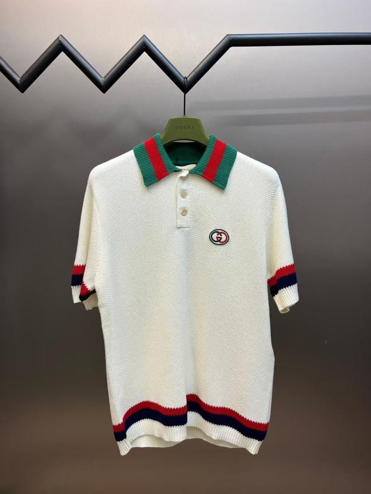 Gucci men's white shirt with a red and green polo collar - E-SEVEN
