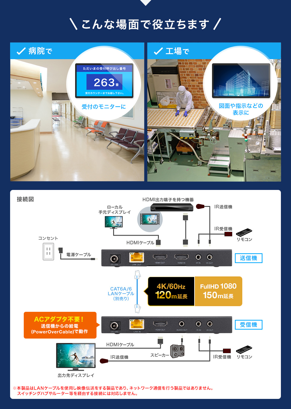 VGA-EXHDPOC【HDMIエクステンダー(4K対応・120m延長）】LANケーブル1本