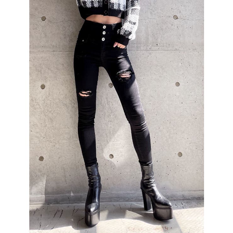 ハイウエスト バッククロス ダメージ スキニーデニムパンツ[品番