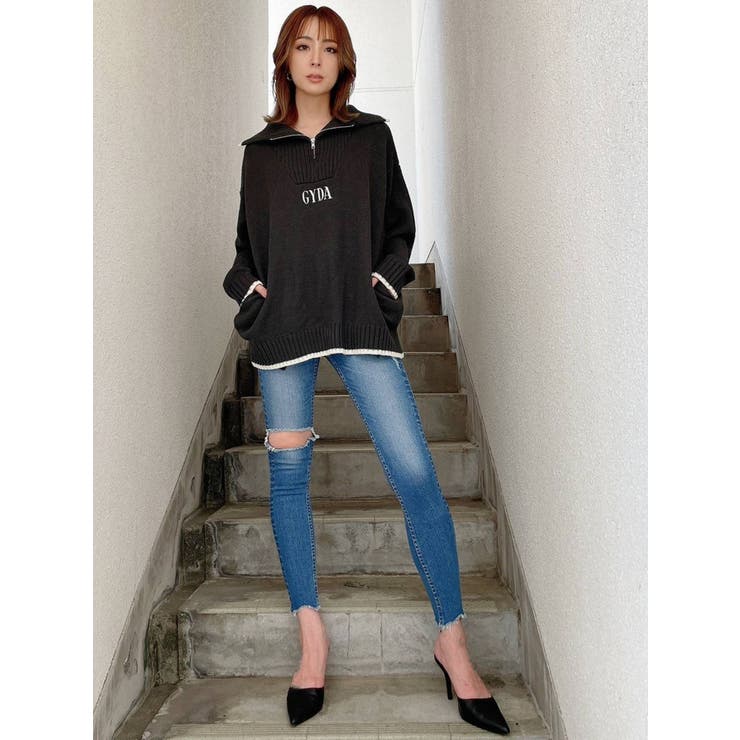 GYDA LOGO ハーフジップ LOOSEニットトップス[品番：MKSW0048614