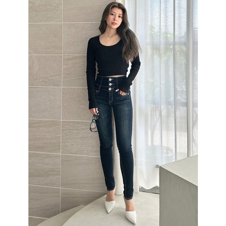 ハイウエストウエストクロススキニーデニムパンツ[品番：MKSW0060974