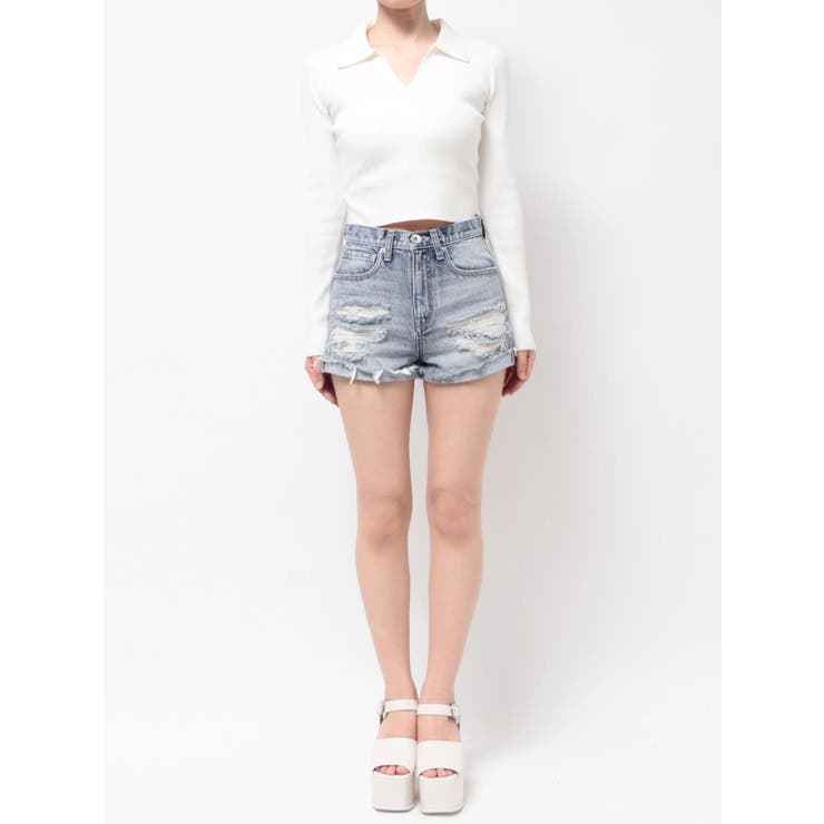 ジャストウエストダメージデニムショートパンツ[品番：MKSW0054804