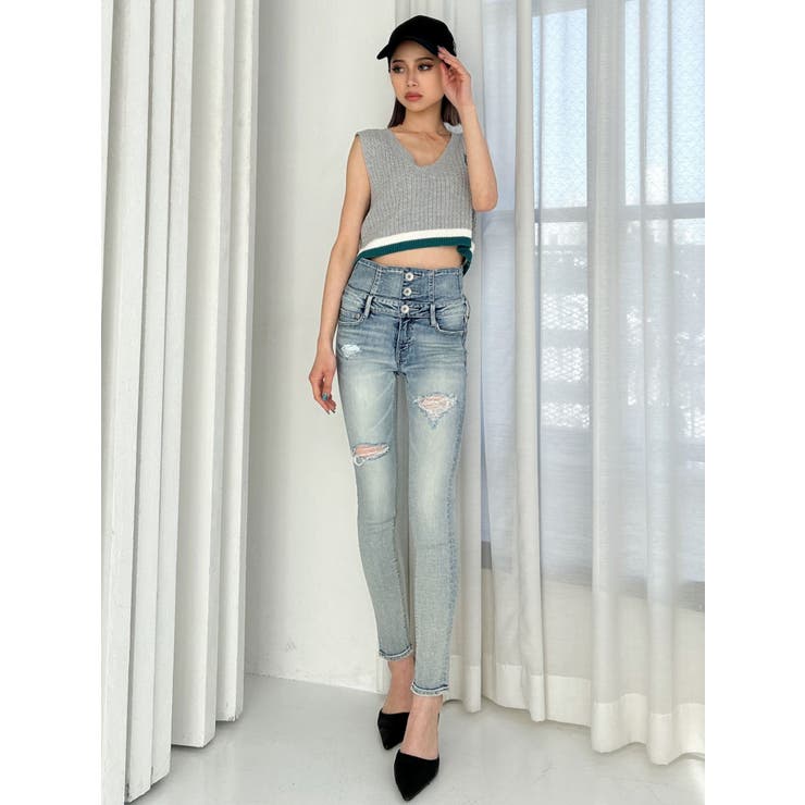 ハイウエストバッククロスダメージスキニーデニムパンツ[品番