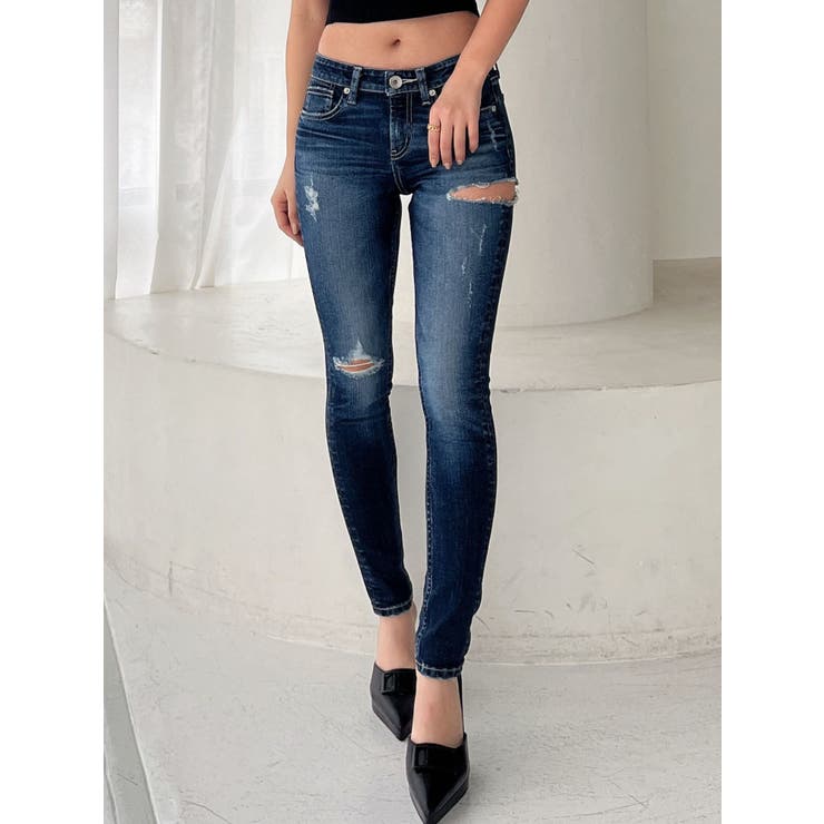 ジャストウエストSIDE RIPPEDスキニーデニムパンツ[品番：MKSW0056450