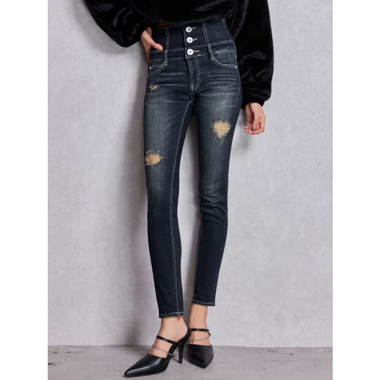 ハイウエストバッククロスダメージスキニーデニムパンツ[品番