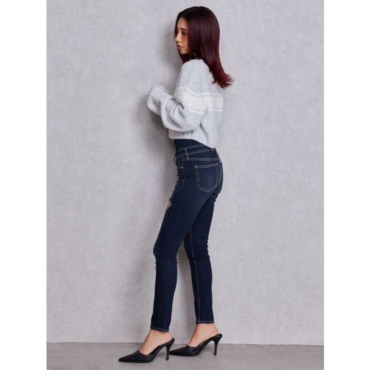 ハイウエストバッククロスダメージスキニーデニムパンツ[品番