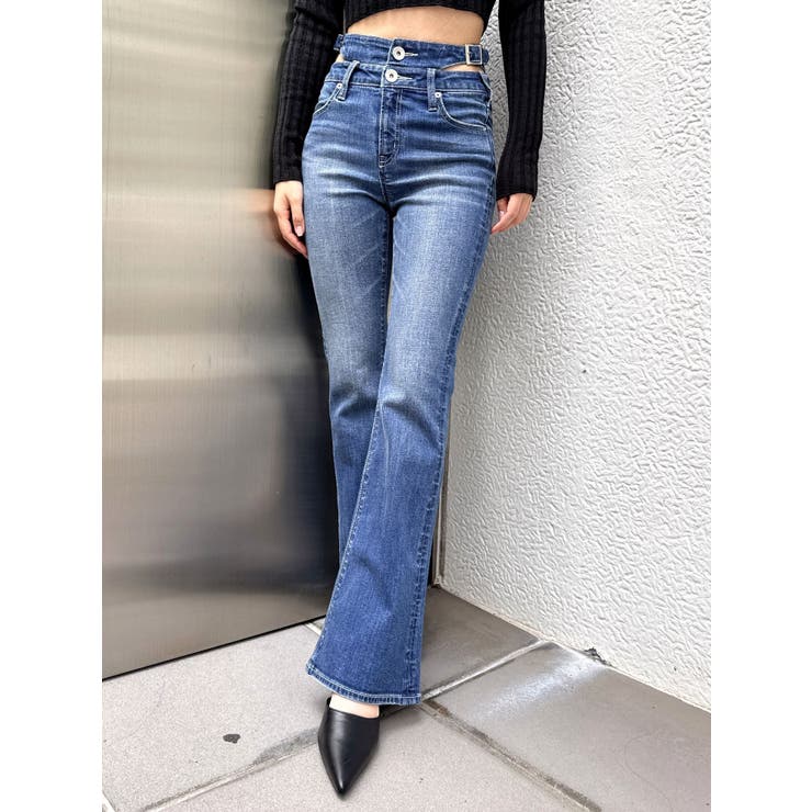 ハイウエストSIDE BELT CUTデザインフレアデニムパンツ[品番
