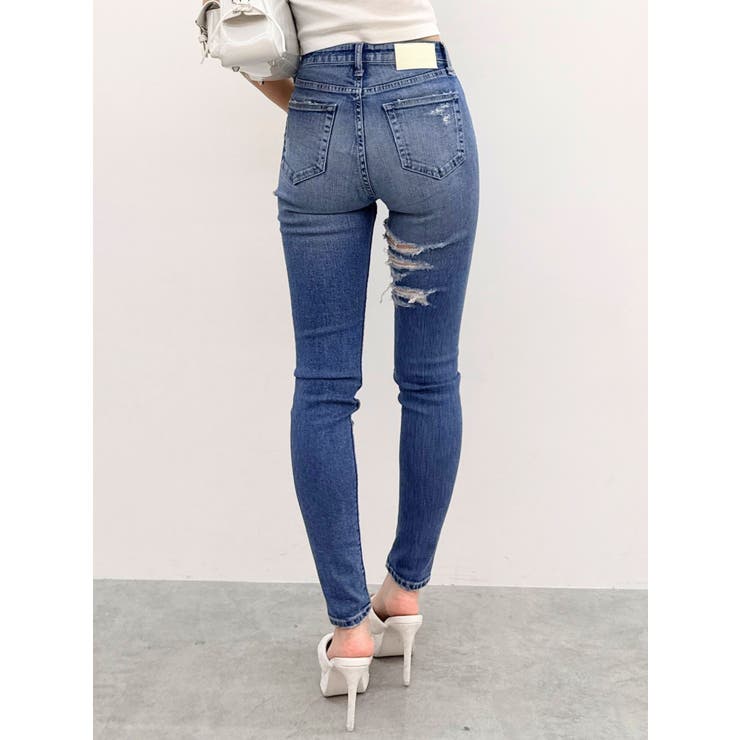 ミドルウエストSIDE CUT INNER DAMAGEスキニーデニムパンツ[品番