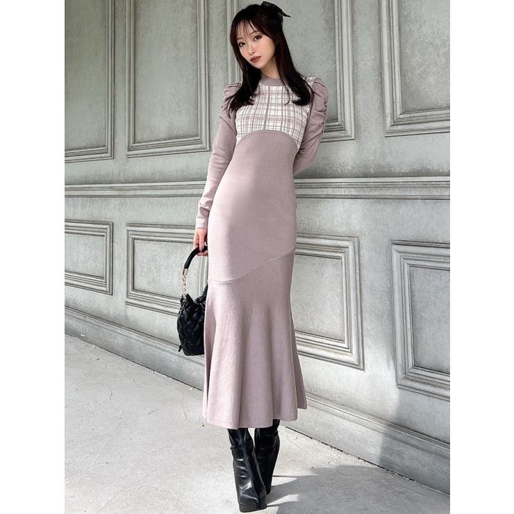 pium ハートチェックレイヤードニットワンピース ブラック ファー