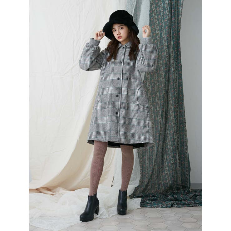 チェックステンカラーAラインコート[品番：MKSW0020710]｜merry jenny
