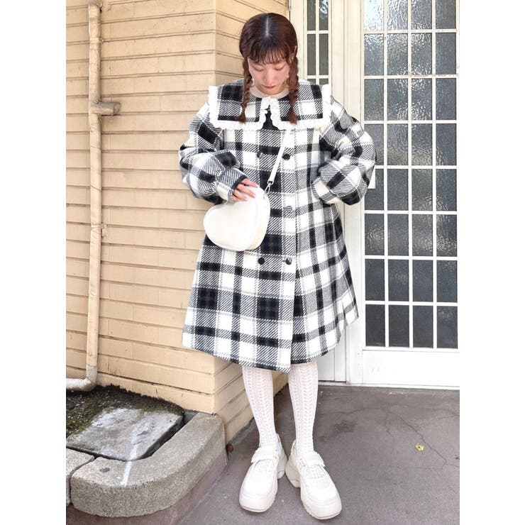 チェックセーラーカラーAラインコート[品番：MKSW0053816]｜merry