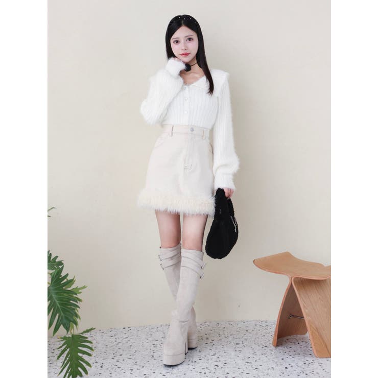 ヘムフェイクファーデニムミニスカート[品番：MKSW0061278]｜EATME