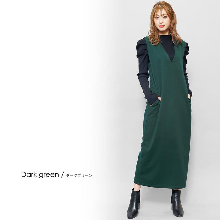 ストレッチフェイクウールVネックロングワンピース バックスリット