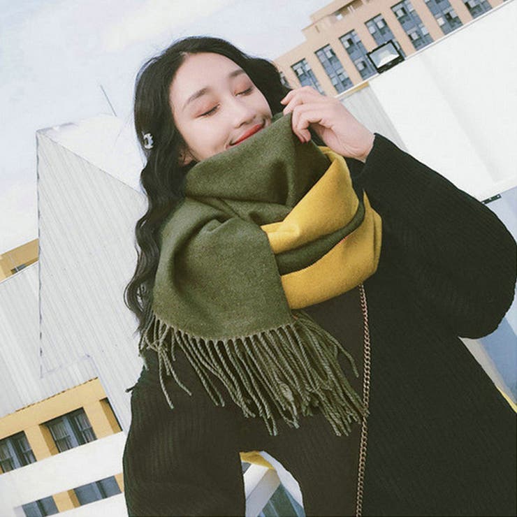 リバーシブルストール大判フリンジマフラー[品番：II000009387