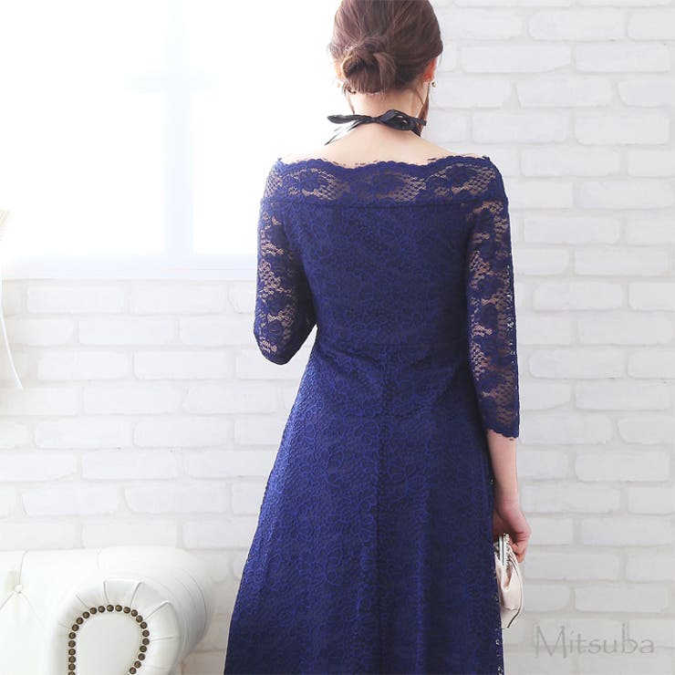 オフショルダーネイビードレス ドレス パーティドレス[品番