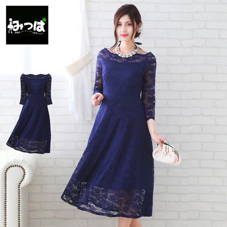 オフショルダーネイビードレス ドレス パーティドレス[品番