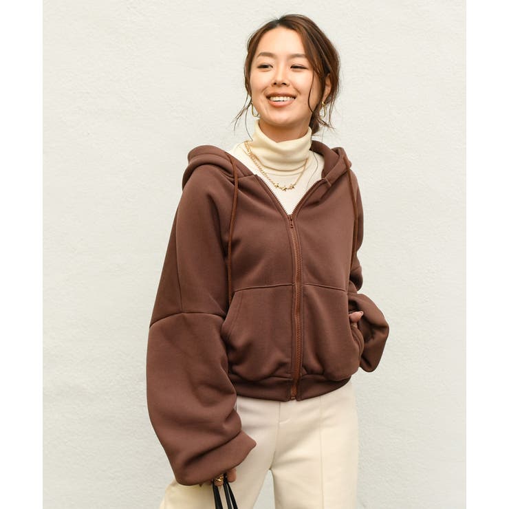 ボリューミーショート丈ドルマン裏起毛スウェットパーカー レディース